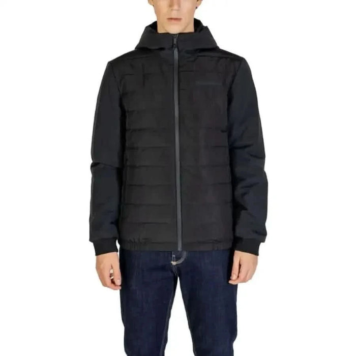 Black quilted winter jacket with hood and full-length zipper by Calvin Klein Jeans