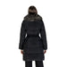 Black quilted winter coat with fur-trimmed collar and belted waist by Guess Women