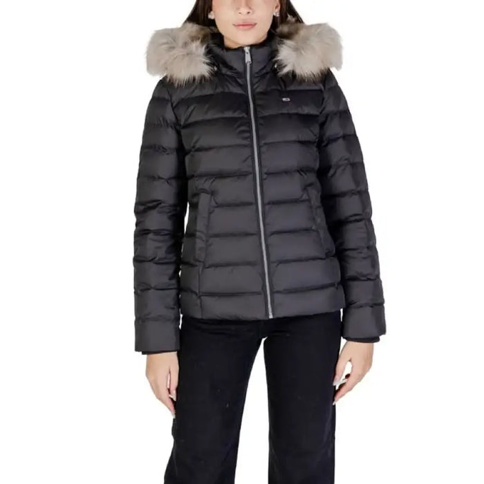 Black quilted winter puffer jacket with fur-trimmed hood by Tommy Hilfiger Jeans