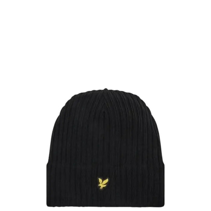 Black ribbed beanie featuring gold eagle logo from Lyle & Scott Men Cap collection