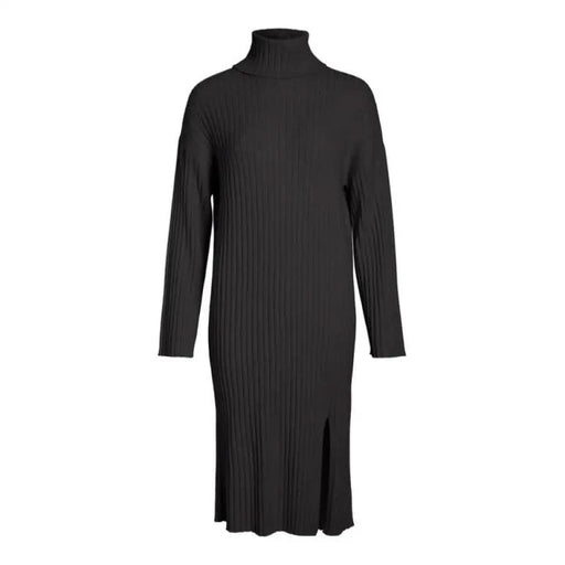 Sleek black ribbed turtleneck sweater dress with long sleeves and a side slit by Vila Clothes