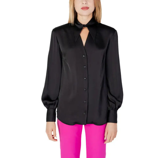 Black satin blouse with long sleeves and keyhole neckline from Silence Women Shirt