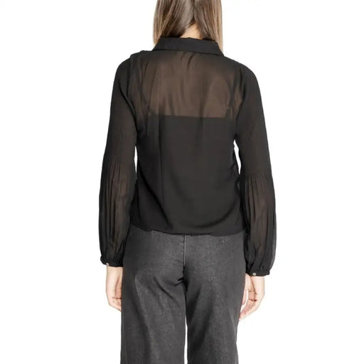 Black sheer blouse with long sleeves and collar, viewed from the back by Only