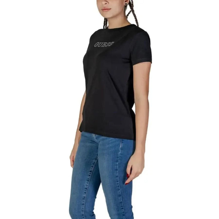 Black short-sleeve Guess Active Women T-Shirt featuring subtle text branding