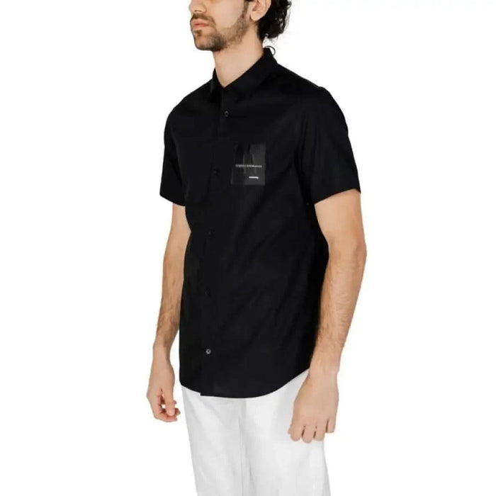 Black short-sleeved button-up shirt with pocket logo, Armani Exchange Men Shirt