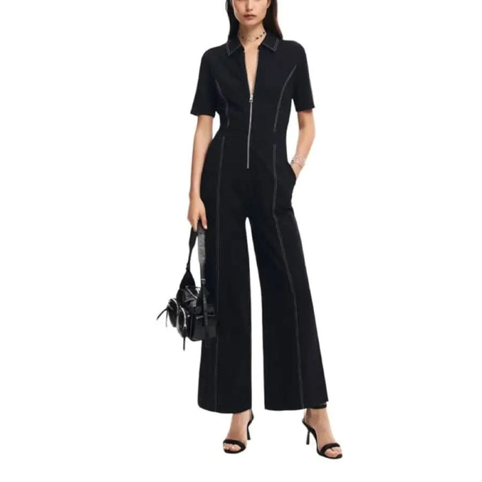 Black short-sleeved wide-leg jumpsuit with front zipper by Desigual for women