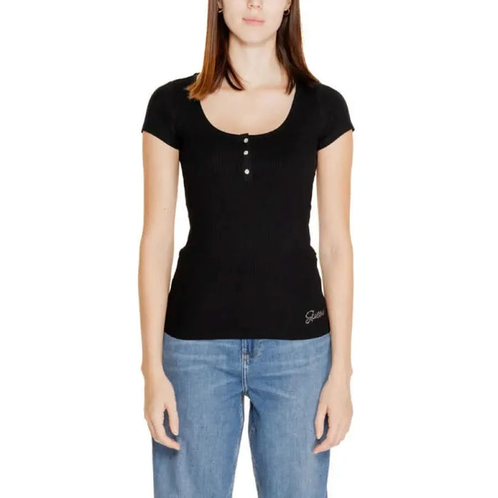 Guess Women Knitwear: Black short-sleeved top with a scoop neck and button detail