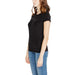 Black short-sleeved Armani Exchange t-shirt worn by a person with long wavy hair