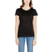 Black short-sleeved Armani Exchange women’s t-shirt worn with blue jeans