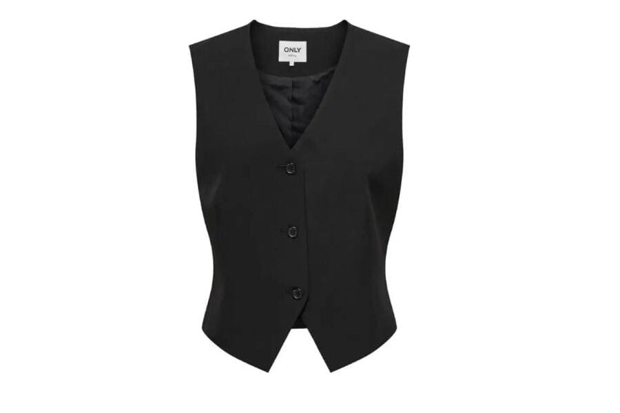 Black sleeveless button-up vest as part of stylish summer work outfits for chic looks.