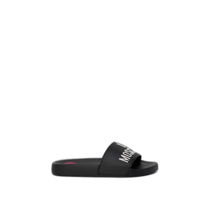 Black slide sandal with white ’Moschino’ branding from Love Moschino Women Slippers