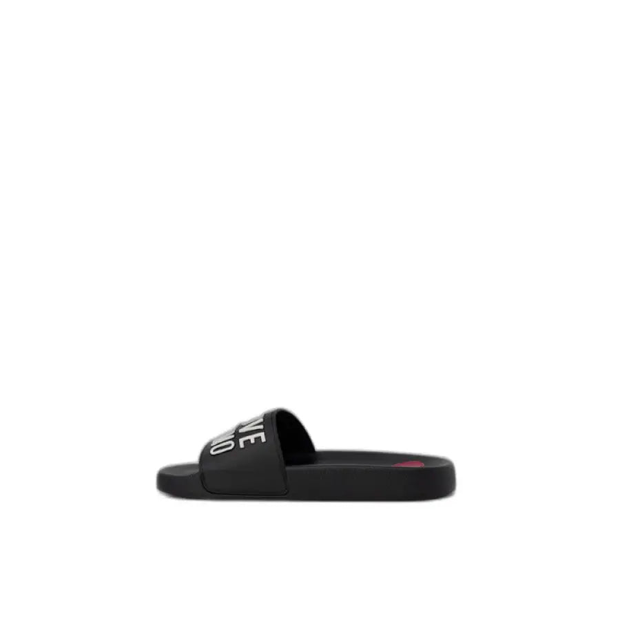 Black Love Moschino slide sandal with white text on the strap, women slippers
