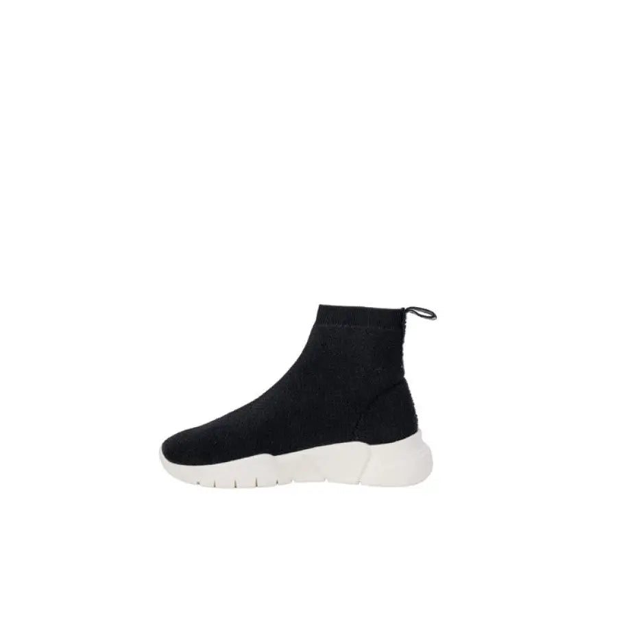 Love Moschino women’s black sock-style sneaker with white chunky sole and logo detailing