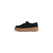 Black suede Clarks women lace-up shoe with thick tan rubber platform sole