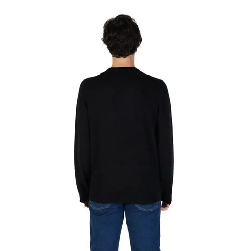 Black sweater paired with blue jeans, displayed from behind, Gas Men Black Round Neck Knit Sweater