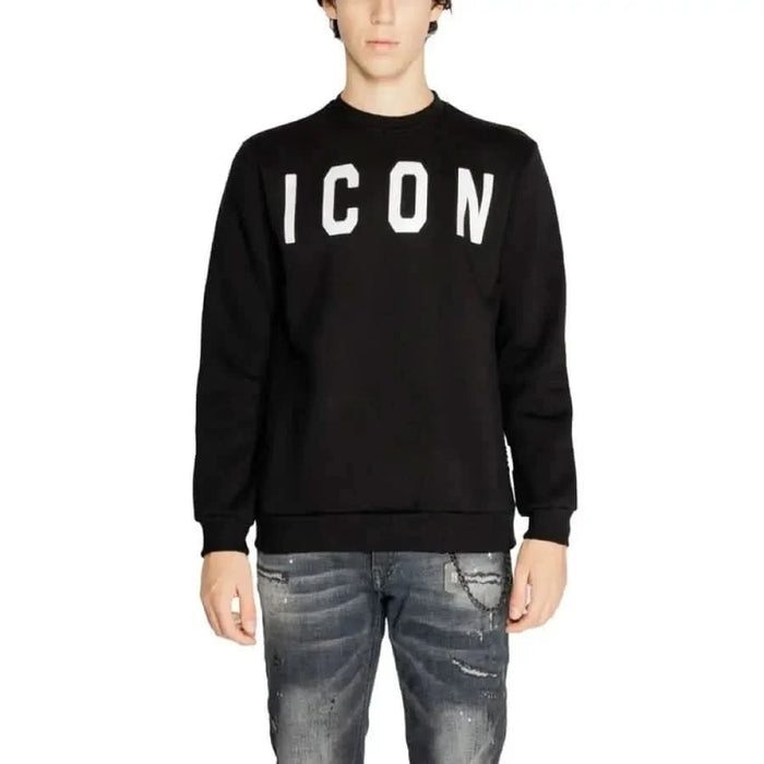 Black sweatshirt for men featuring ’ICON’ print, ideal for casual wear in Icon Men Sweatshirts