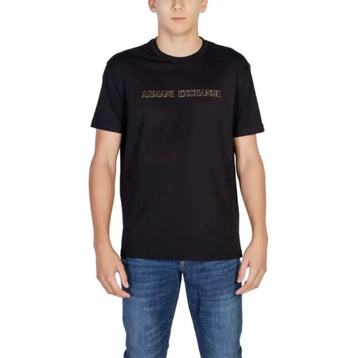 Black Armani Exchange T-shirt with gold lettering on the front for men