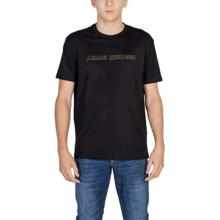 Black Armani Exchange T-shirt with gold lettering on the front for men