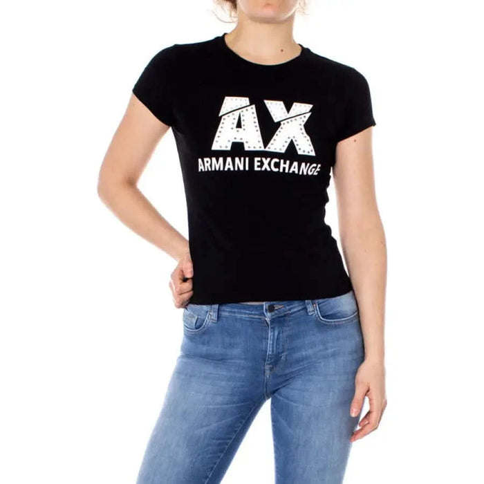 Armani Exchange Women’s T-Shirt: Black with White ’AX ARMANI EXCHANGE’ Logo