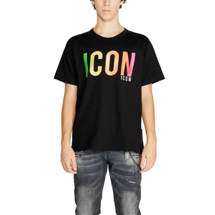 Black round neck Icon Men T-Shirt featuring vibrant ICON text on the front