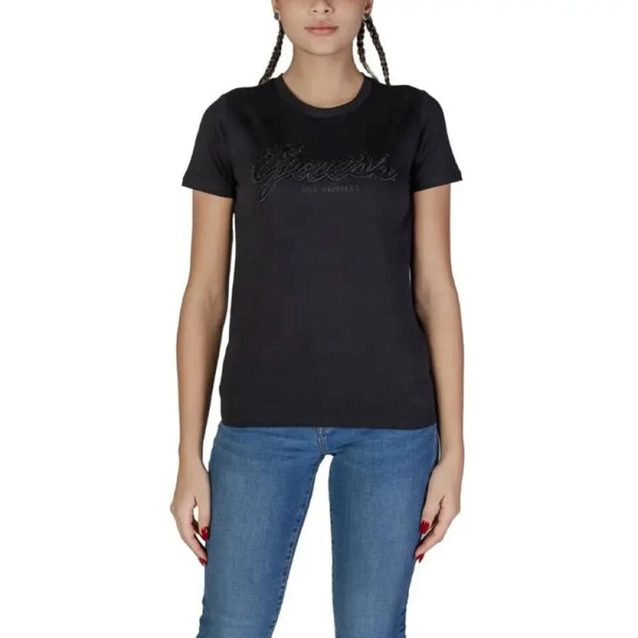 Black Guess Women T-Shirt featuring dark tonal text graphic on the front