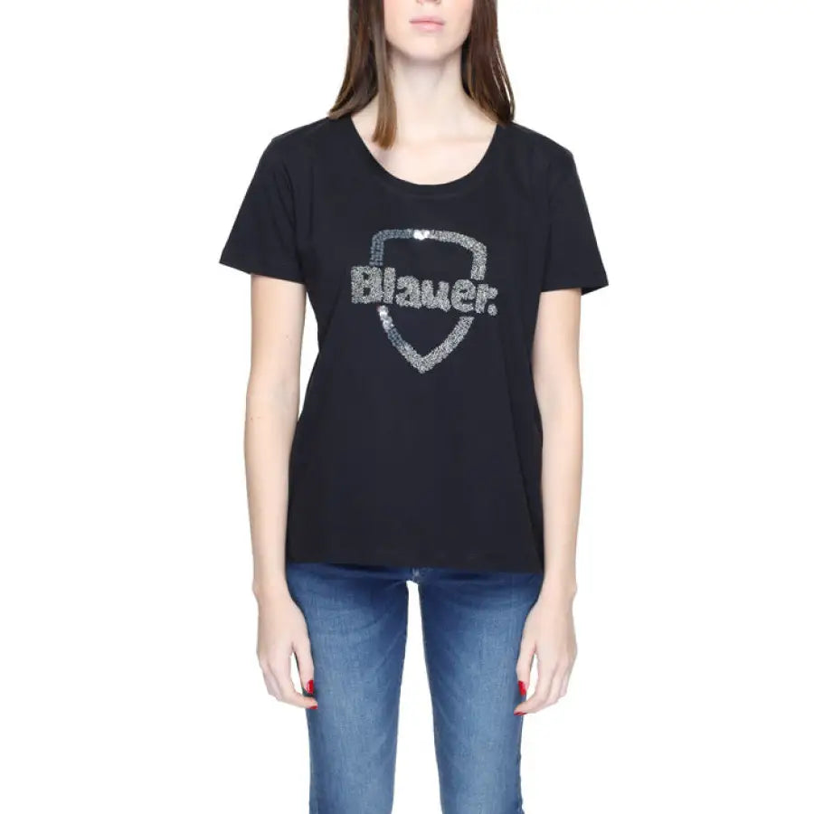 Black t-shirt with glittery ’Blauer’ logo for women - Blauer Women T-Shirt