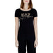 Black EA7 women’s t-shirt featuring a gold logo and text design on the front