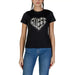 Black Guess Active Women T-Shirt featuring heart-shaped logo graphic on front