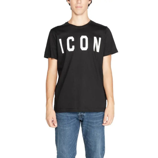 Black Icon Men T-Shirt featuring white printed ICON text on the front