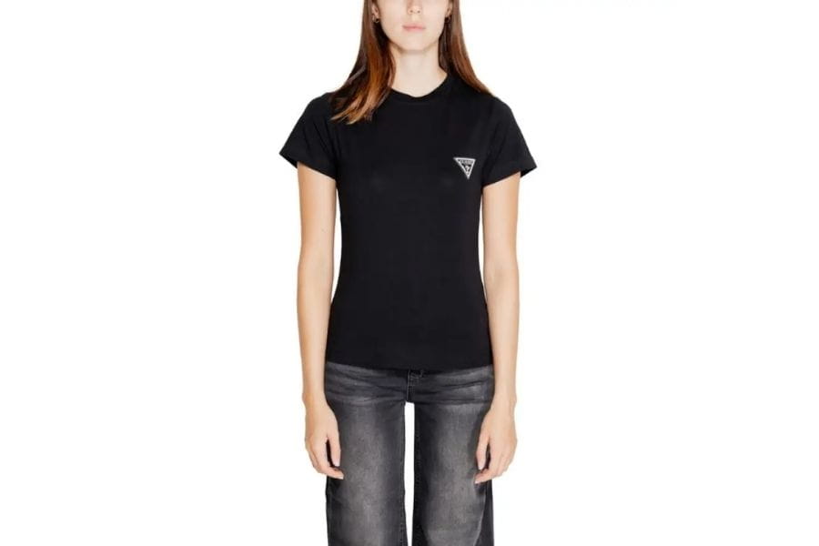 Black t-shirt featuring a small logo, essential for a capsule wardrobe.