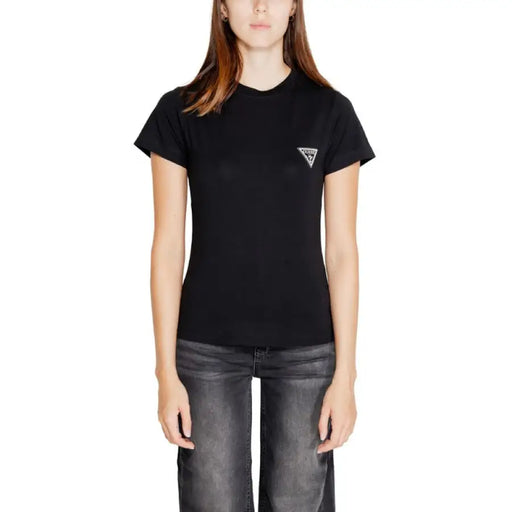 Black Guess Active Women T-Shirt featuring a small triangular logo on the chest