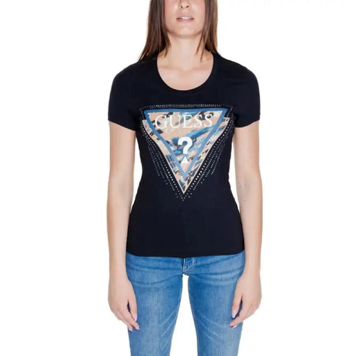 Black Guess Women T-Shirt with triangular ’Guess’ logo design on the front