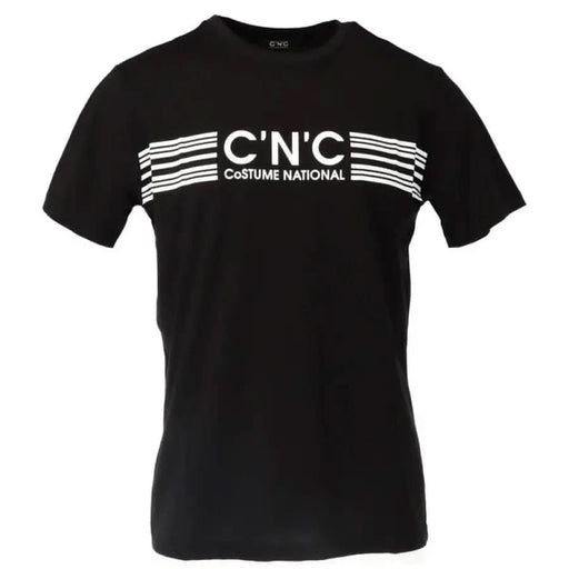 Black t-shirt with white ’C’N’C COSTUME NATIONAL’ logo and chest stripes, men’s fashion