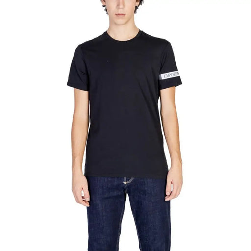 Black Emporio Armani Men T-Shirt with white text detail on the sleeve