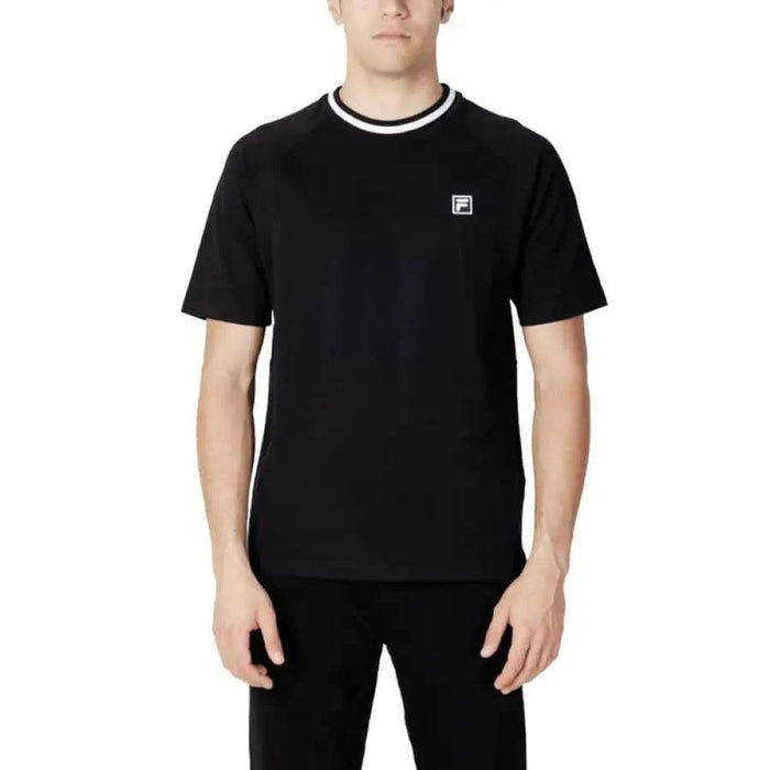 Fila Men T-Shirt Black with White-Trimmed Collar and Small F Logo on Chest