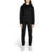 Black Ea7 women jumpsuit featuring hooded sweatshirt and matching pants with white stripes