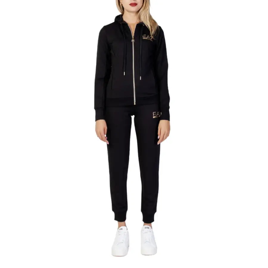 EA7 women’s black tracksuit with zip-up hoodie and matching pants, branded EA7