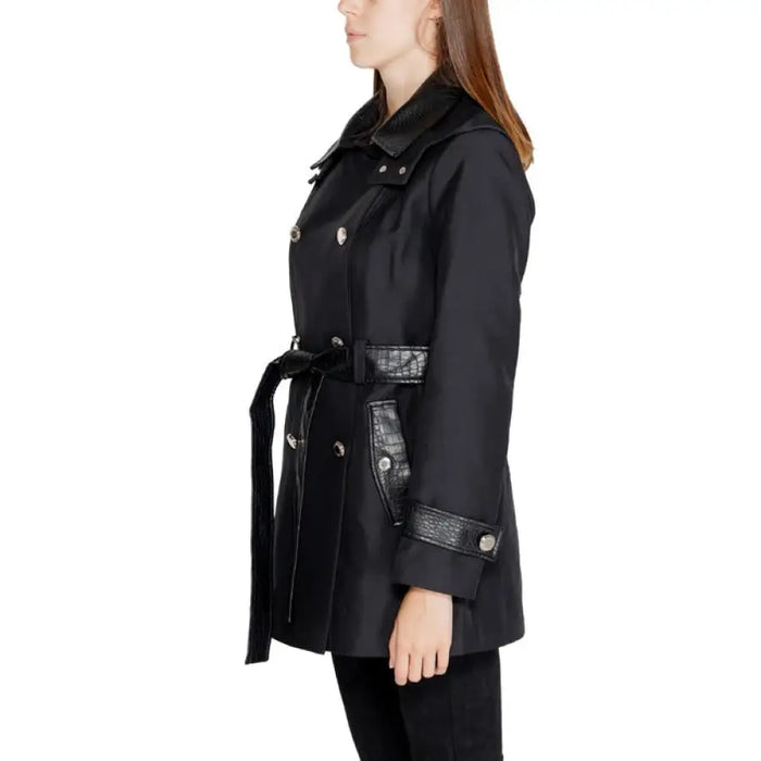 Black trench coat with leather trim and belt from Morgan De Toi Women’s Jacket collection