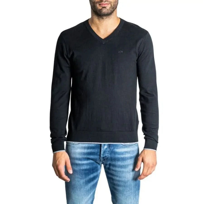 Black v-neck sweater with long sleeves from Armani Exchange Men Knitwear collection