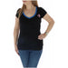 Converse Women’s Black V-neck T-shirt with Blue Trim and Pink Logo on Chest