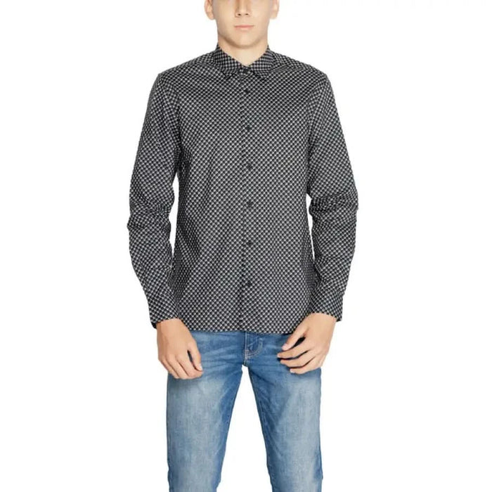 Antony Morato Men Shirt: Black and white checkered button-up with blue jeans