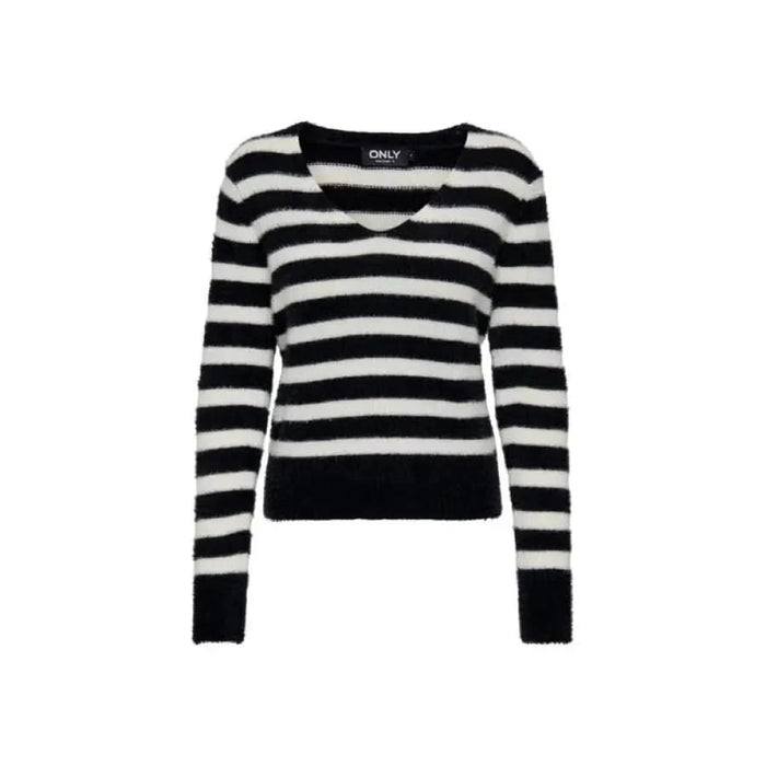 Black and white striped v-neck sweater with long sleeves from Only Women Knitwear