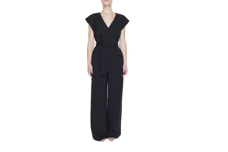 Black wide-leg jumpsuit with V-neckline and cap sleeves for stylish summer outfit ideas.