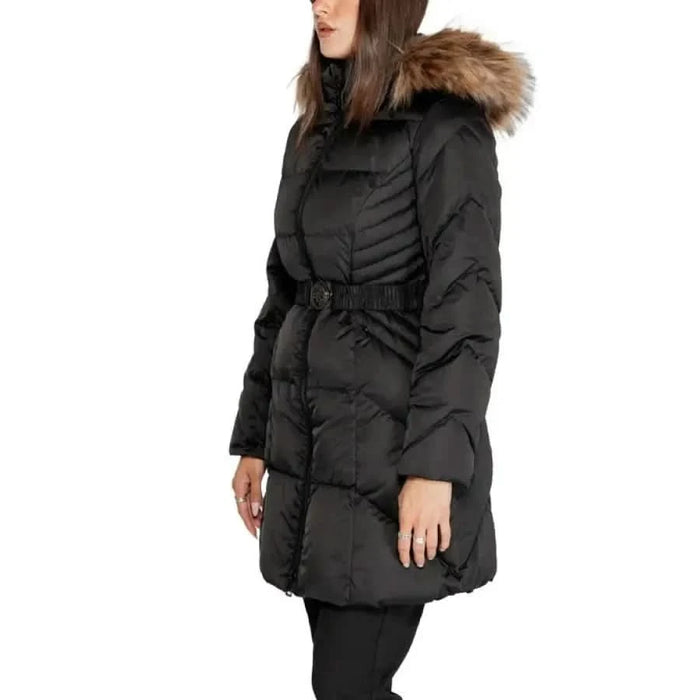 Black winter coat with fur-trimmed hood and belted waist from Guess Women’s Jacket