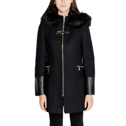 Black winter coat with fur collar and leather cuffs from Morgan De Toi Women’s Jacket