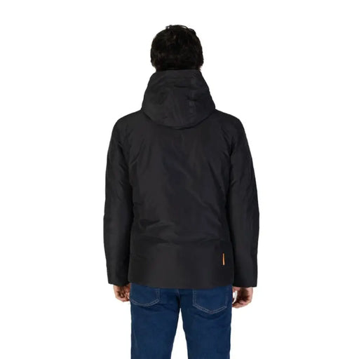 Black winter jacket with hood displayed from the back, Suns Men’s Turtleneck design