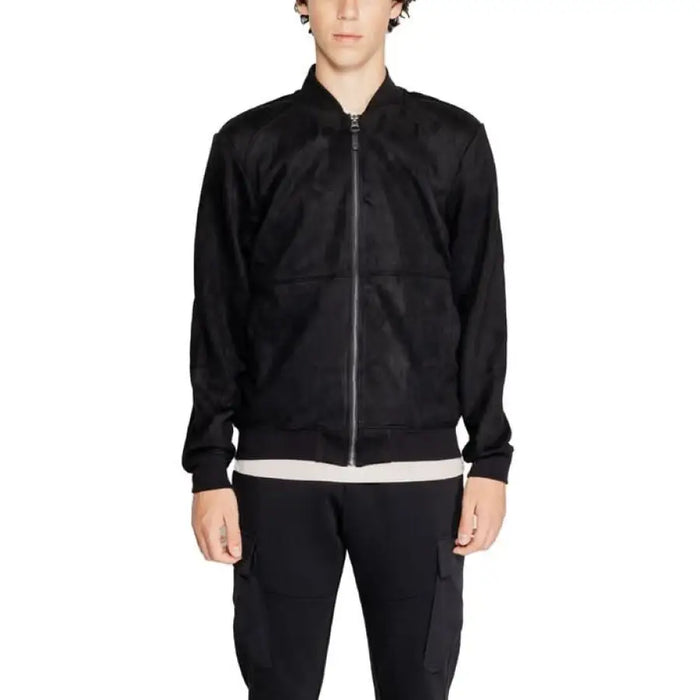 Black zip-up bomber jacket with ribbed collar and cuffs by Antony Morato for men