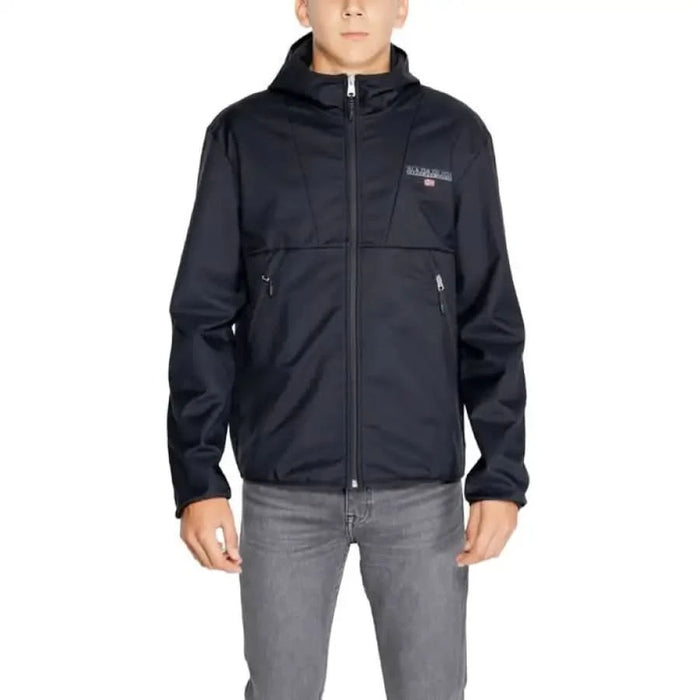 Black zip-up hooded jacket with pockets and logo from Napapijri Men Jacket collection