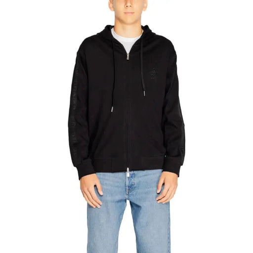 Black hoodie with drawstrings over white t-shirt Armani Exchange Men Sweatshirts