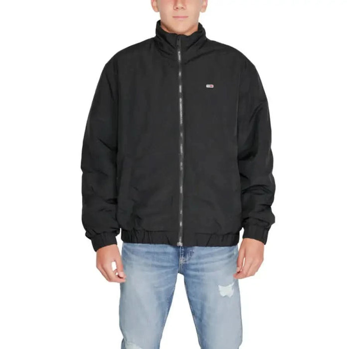 Black zip-up Tommy Hilfiger Men Jacket with high collar and logo on chest